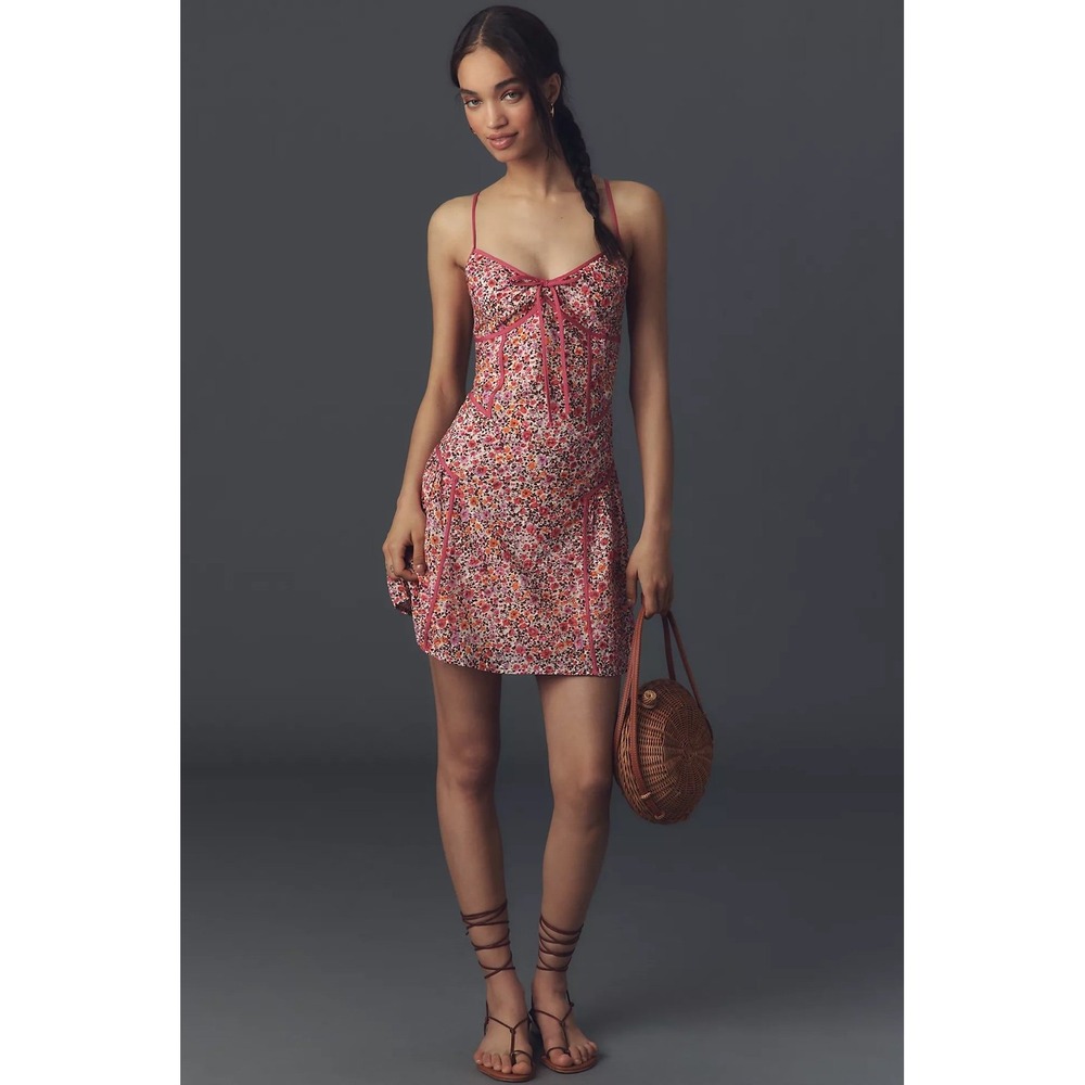 By Anthropologie Paneled Floral Mini Slip Dress Size L Corset Cottage-core $145